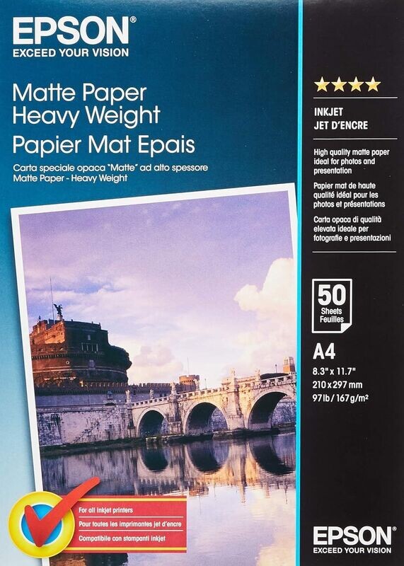 Epson A4 Matte Heavy Weight Photo Paper 167gsm (50 Pack) Epson A4 Matte Heavy Weight Photo Paper 167gsm (50 Pack)