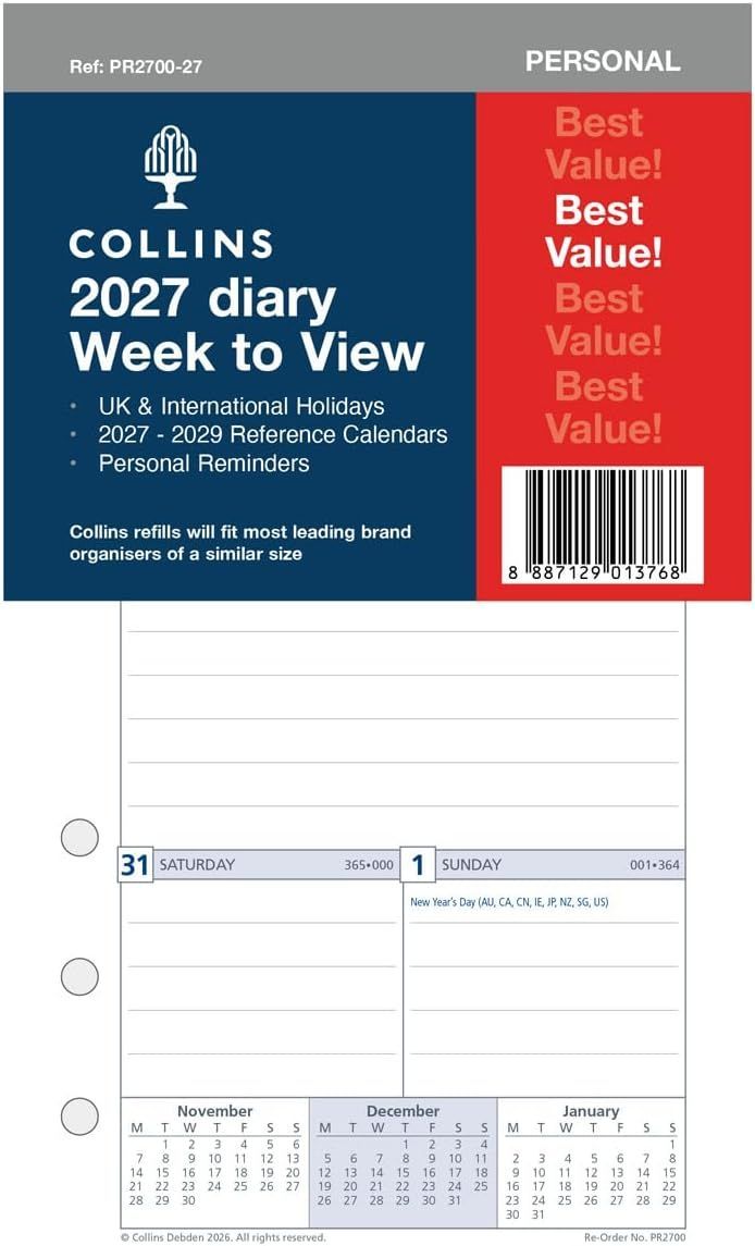 Collins Personal Week-to-View Diary Refill 2027 Collins Personal Week-to-View Diary Refill 2027
