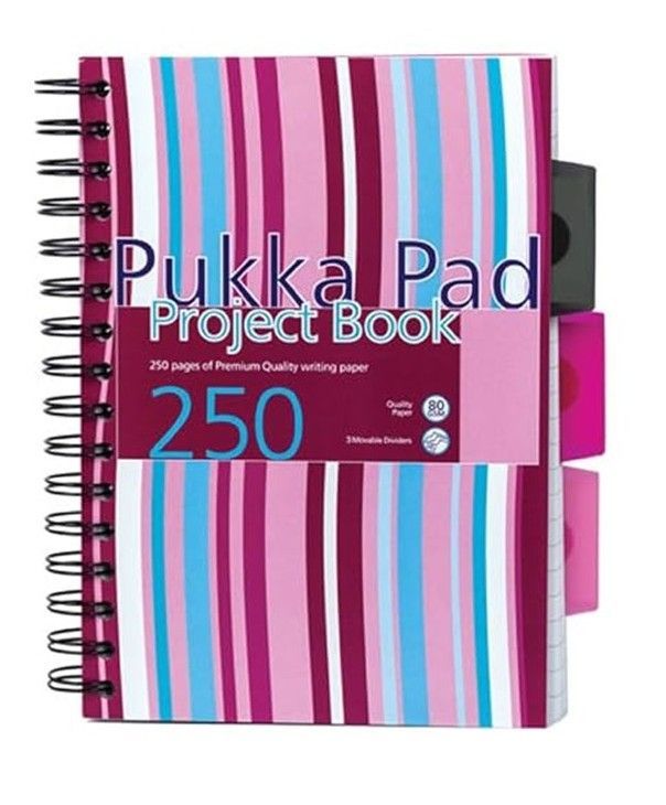 Pukka Pad Stripes A5 Polypropylene Project Book 250 Pages with removable dividers - Pink Pukka Pad Stripes A5 Polypropylene Project Book 250 Pages with removable dividers - Pink