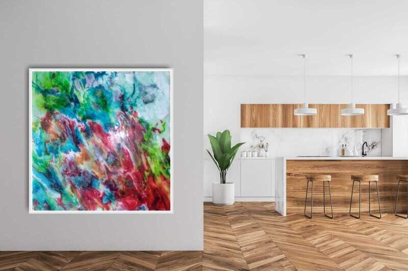 Happy - A “Marelize”: Abstract art, printed onto stretched canvas with a wooden floating frame, and signed.