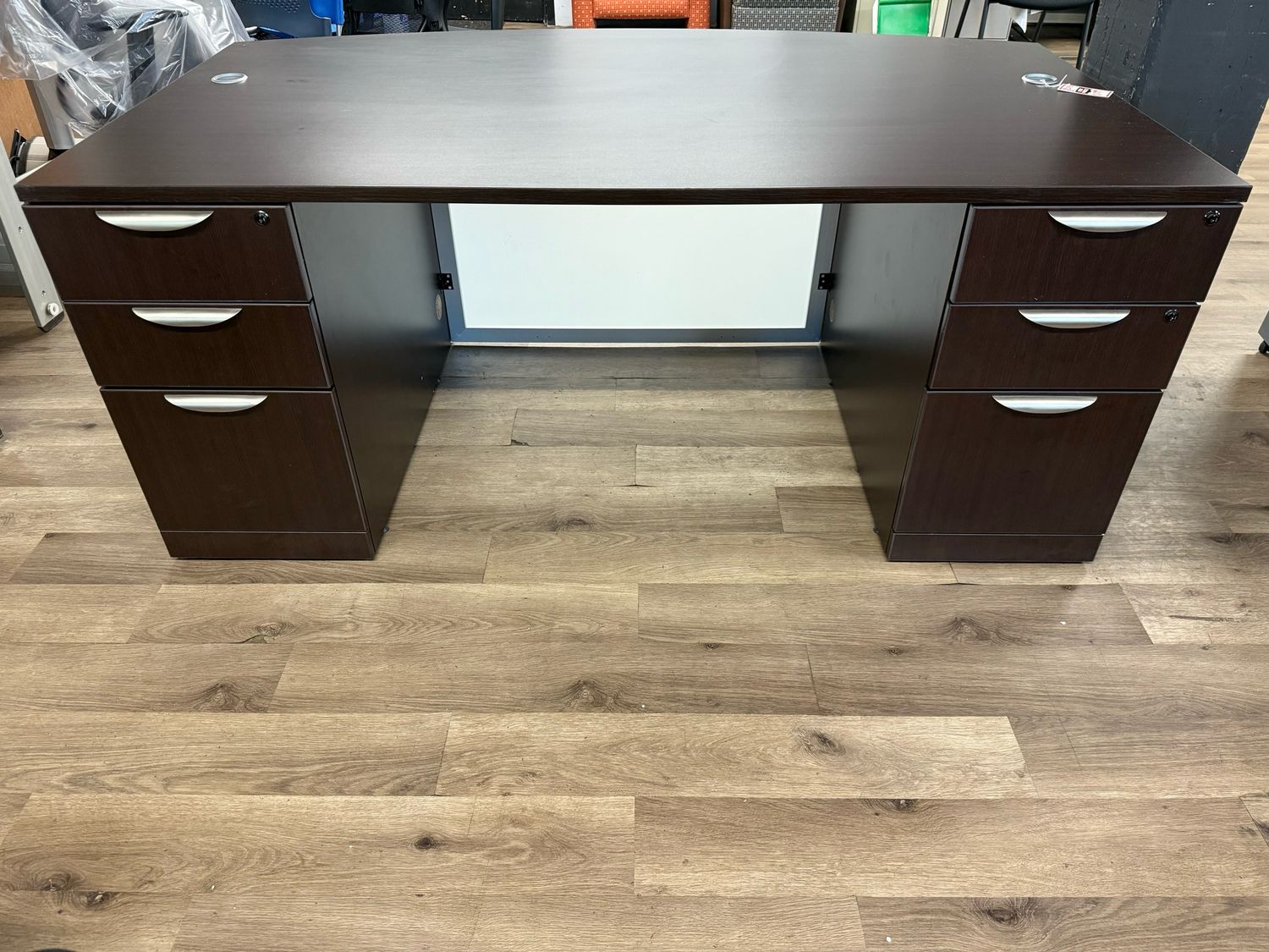 Espresso 72”x36” Bow Front Executive Desk With Frosted Glass Modesty Panel