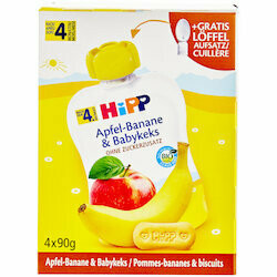Hipp Purée de pomme, banane &amp; biscuits en sachet 4 mois+ 4x90g 360g