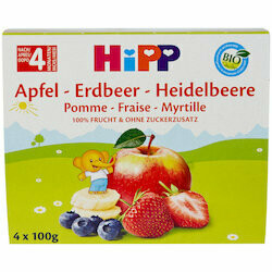 Hipp Purée de pomme, fraise &amp; myrtille bio Pause Fruit 5 mois+ 4x100g 400g