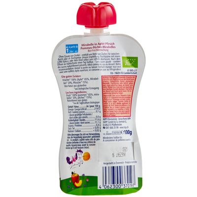 Hipp Gourde de compote Hippis pomme, pêche &amp; mirabelle bio 12 mois+ (100g)