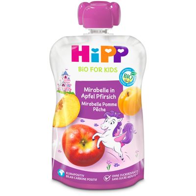 Hipp Gourde de compote Hippis pomme, pêche &amp; mirabelle bio 12 mois+ (100g)