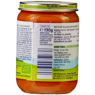 Hipp Purée de carottes hatives avec pomme de terre bio 4 mois+ 190g