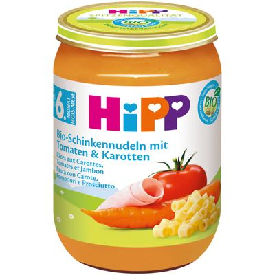 Hipp Purée de pâtes, carottes, tomates &amp; jambon 6 mois+
190g
