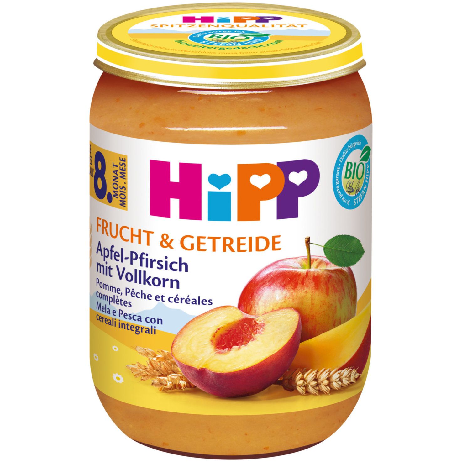 Hipp Purée de pomme, pêche &amp; céréales bio 8 mois+  190g