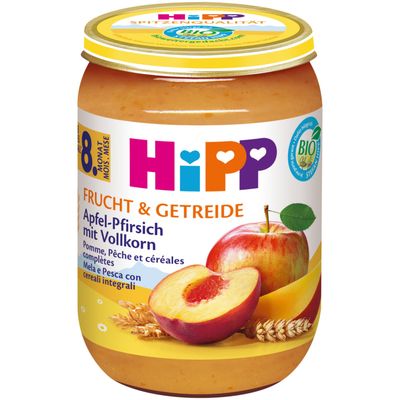 Hipp Purée de pomme, pêche &amp; céréales bio 8 mois+  190g