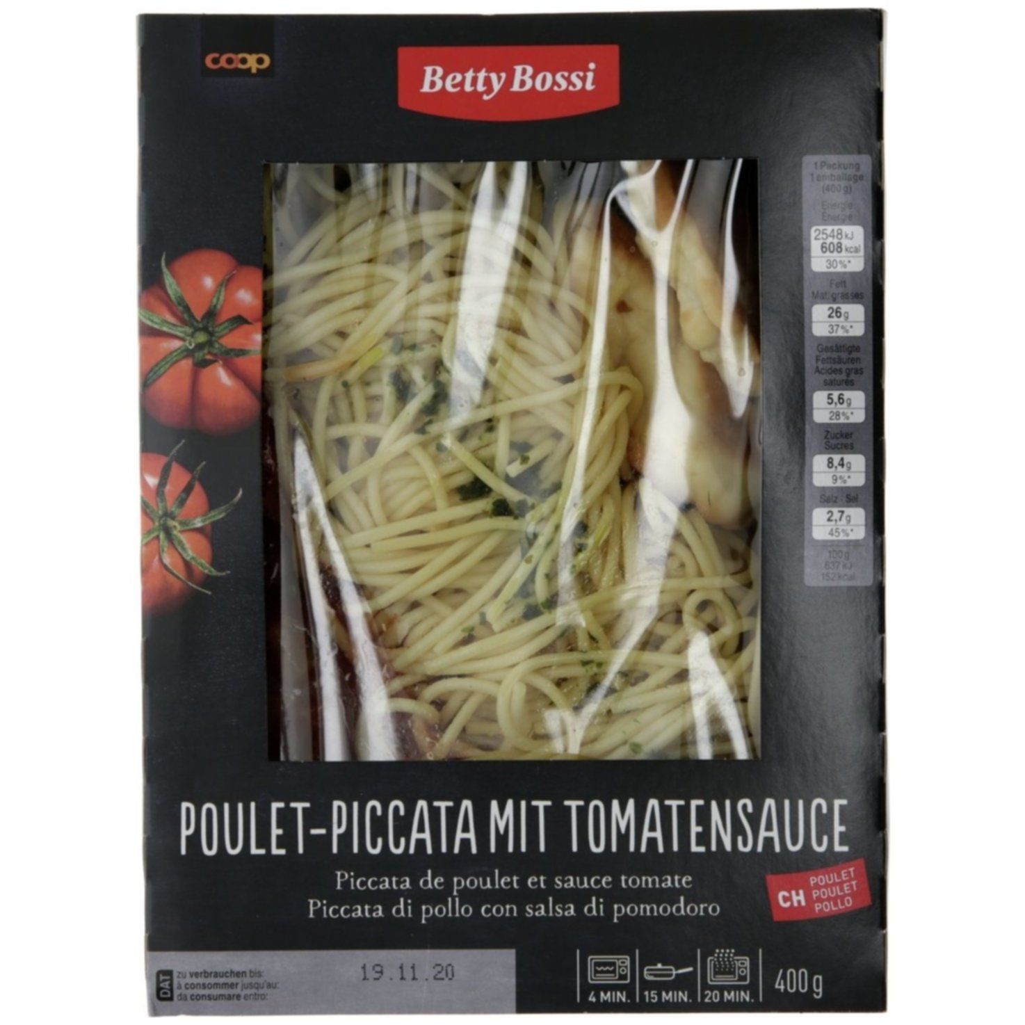 Piccata de poulet Betty Bossi avec spaghetti et sauce tomate 400g