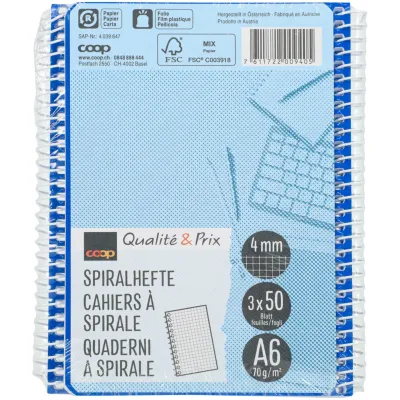 Cahiers spirales quadrillés A6 FSC sans cadre 3 pièces