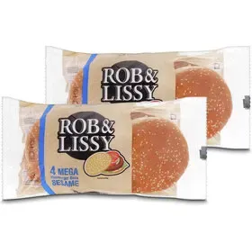 Rob &amp; Lissy Pains pour hamburgers méga avec graines de sésame 4 pièces 330g