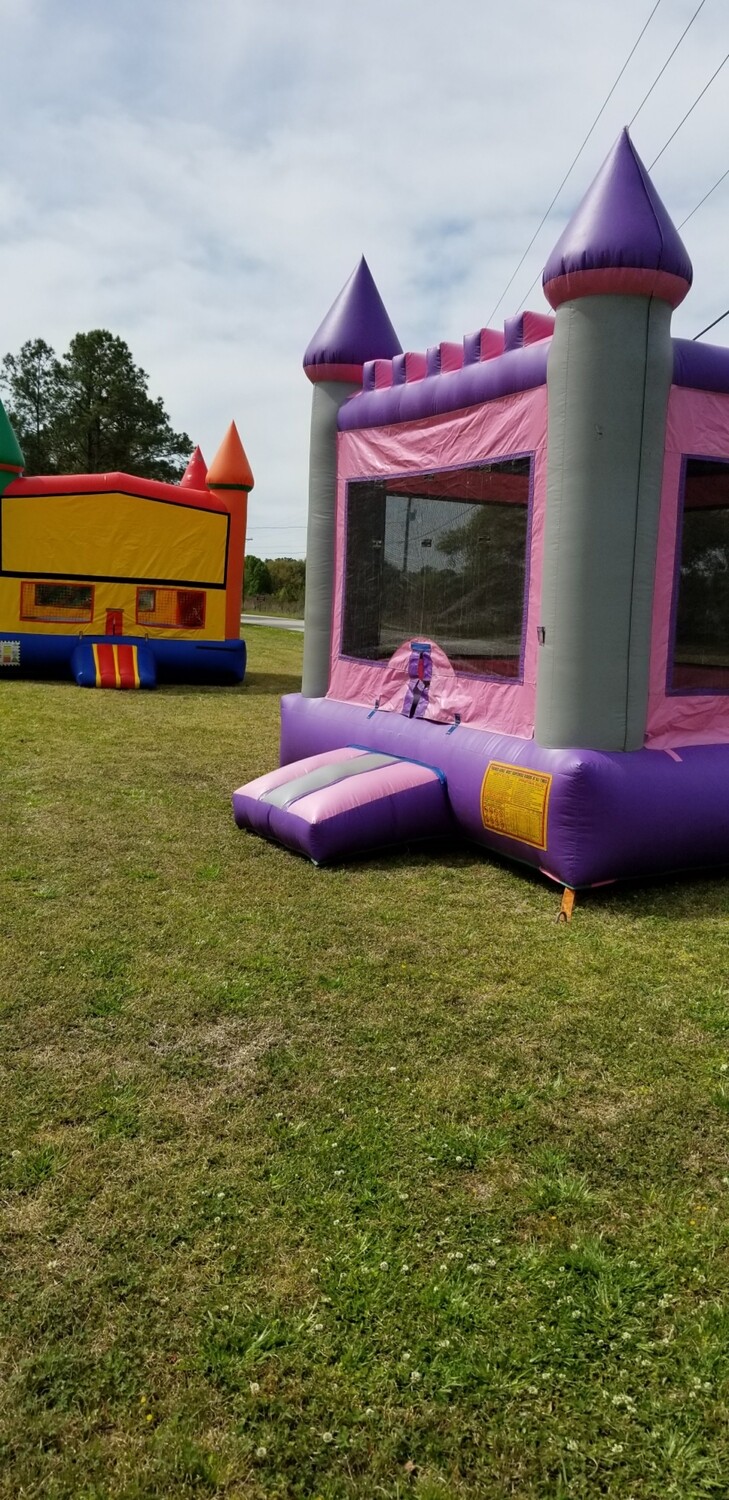 Purple and gray jumping castle