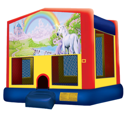 Unicorn 15 by 15 jumping castle with basketball hoop inside