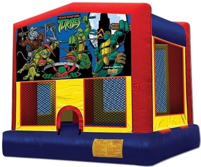 Ninja turtles jumping castle with basketball hoop inside.