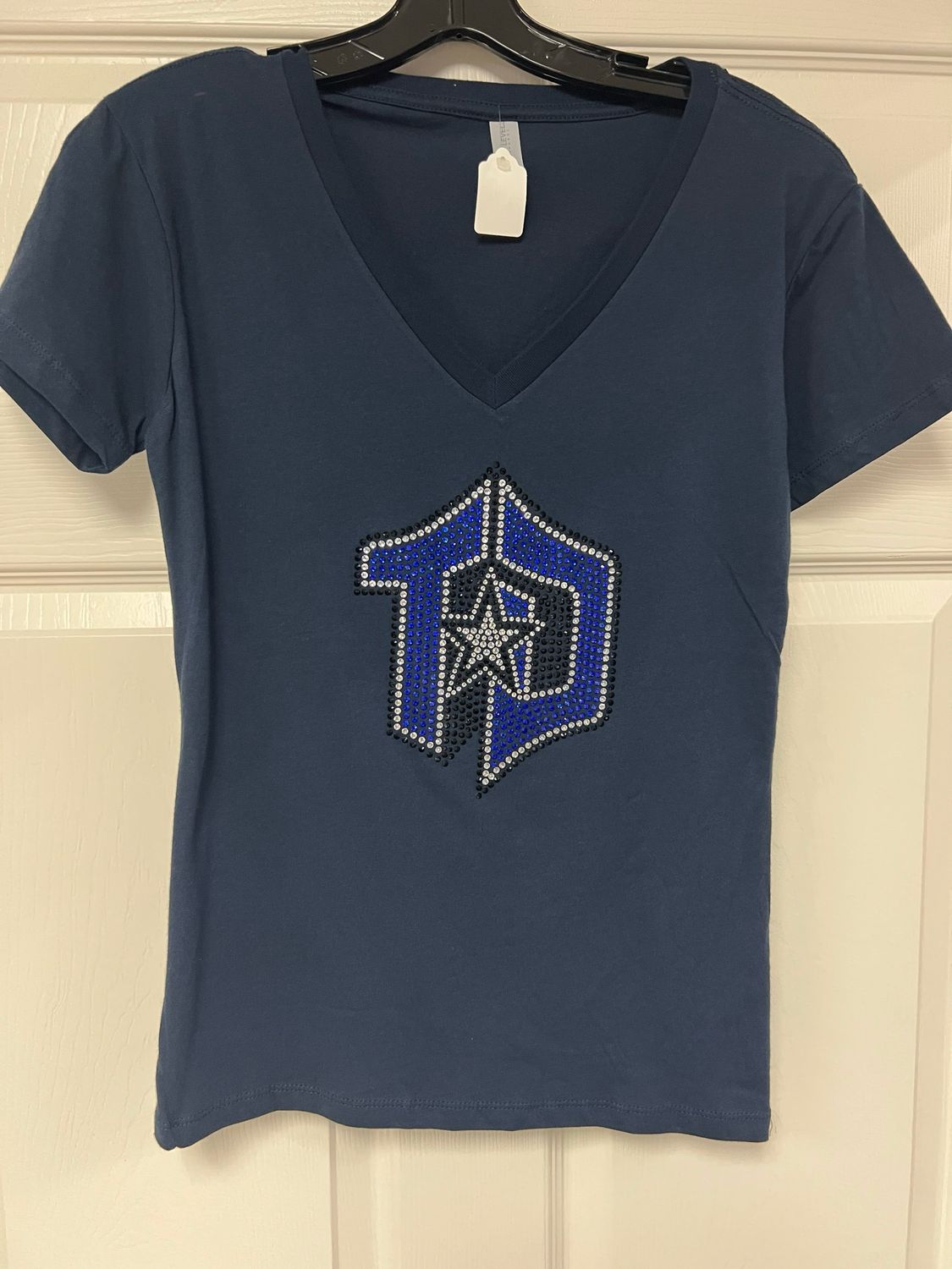Ladies Navy V-Neck with Rhinestone TD Logo