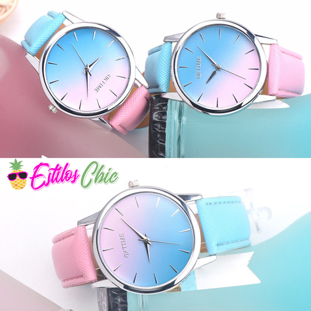 Reloj de Dama Degradado Relojes Femeninos con correa de Cuero y Colores Combinados