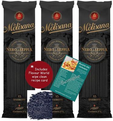 La Molisana Black Squid Ink Spaghetti (3 x 500g Packs) and Wipe-Clean Recipe Card