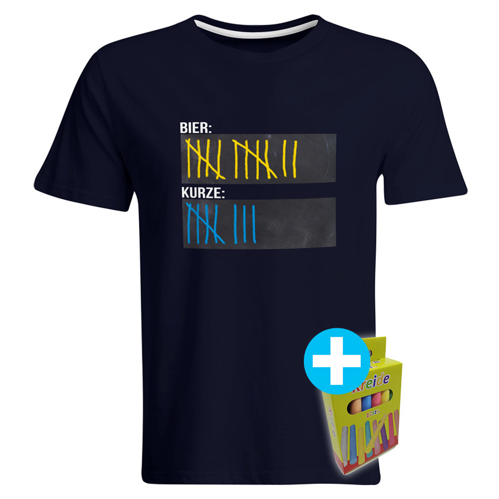 T-Shirt Strichliste Bier & Kurze inkl. 12er-Pack Kreide (Herren, Rundhals, Navy)