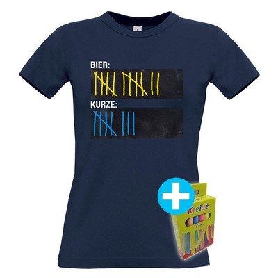 T-Shirt Strichliste Bier & Kurze inkl. 12er-Pack Kreide (Damen / Rundhals / Navy) T-Shirt Strichliste Bier & Kurze inkl. 12er-Pack Kreide (Damen / Rundhals / Navy)