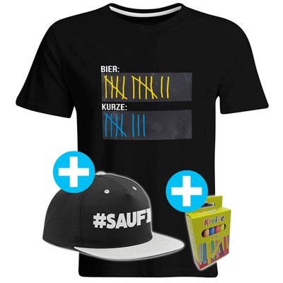 T-Shirt Strichliste Bier & Kurze mit Kreide beschreibbar inkl. Saufi Snapback (Grau) und 12er-Pack Kreide (Herren, Rundhals, Schwarz)