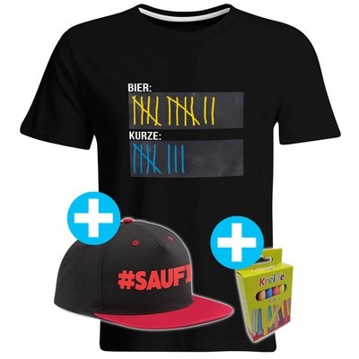 T-Shirt Strichliste Bier & Kurze mit Kreide beschreibbar inkl. Saufi Snapback (Rot) und 12er-Pack Kreide (Herren, Rundhals, Schwarz)