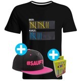 T-Shirt Strichliste Bier & Kurze mit Kreide beschreibbar inkl. Saufi Snapback (Pink) und 12er-Pack Kreide (Herren, Rundhals, Schwarz)