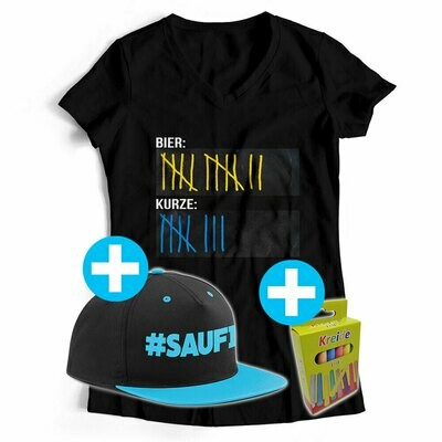 T-Shirt Strichliste Bier & Kurze mit Kreide beschreibbar inkl. Saufi Snapback (Blau) und 12er-Pack Kreide (Damen, V-Neck, Schwarz) T-Shirt Strichliste Bier & Kurze mit Kreide beschreibbar inkl. Saufi Snapback (Blau) und 12er-Pack Kreide (Damen, V-Neck, Schwarz)