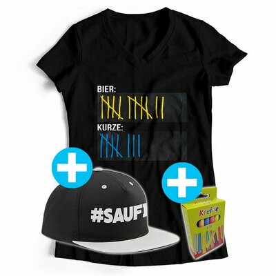 T-Shirt Strichliste Bier & Kurze mit Kreide beschreibbar inkl. Saufi Snapback (Grau) und 12er-Pack Kreide (Damen, V-Neck, Schwarz) T-Shirt Strichliste Bier & Kurze mit Kreide beschreibbar inkl. Saufi Snapback (Grau) und 12er-Pack Kreide (Damen, V-Neck, Schwarz)
