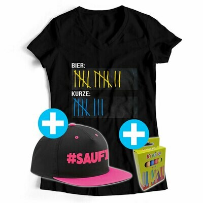 T-Shirt Strichliste Bier & Kurze mit Kreide beschreibbar inkl. Saufi Snapback und 12er-Pack Kreide (Damen, V-Neck, verschiedene Farben) T-Shirt Strichliste Bier & Kurze mit Kreide beschreibbar inkl. Saufi Snapback und 12er-Pack Kreide (Damen, V-Neck, verschiedene Farben)