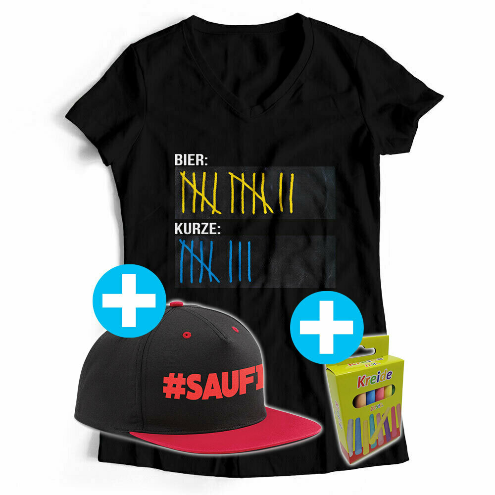 T-Shirt Strichliste Bier & Kurze mit Kreide beschreibbar inkl. Saufi Snapback (Rot) und 12er-Pack Kreide (Damen, V-Neck, Schwarz)