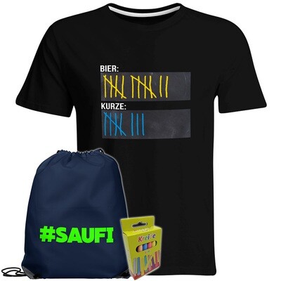 T-Shirt Strichliste Bier & Kurze mit Kreide beschreibbar inkl. Festival Bag und 12er-Pack Kreide (Herren, Rundhals, Schwarz) T-Shirt Strichliste Bier & Kurze mit Kreide beschreibbar inkl. Festival Bag und 12er-Pack Kreide (Herren, Rundhals, Schwarz)