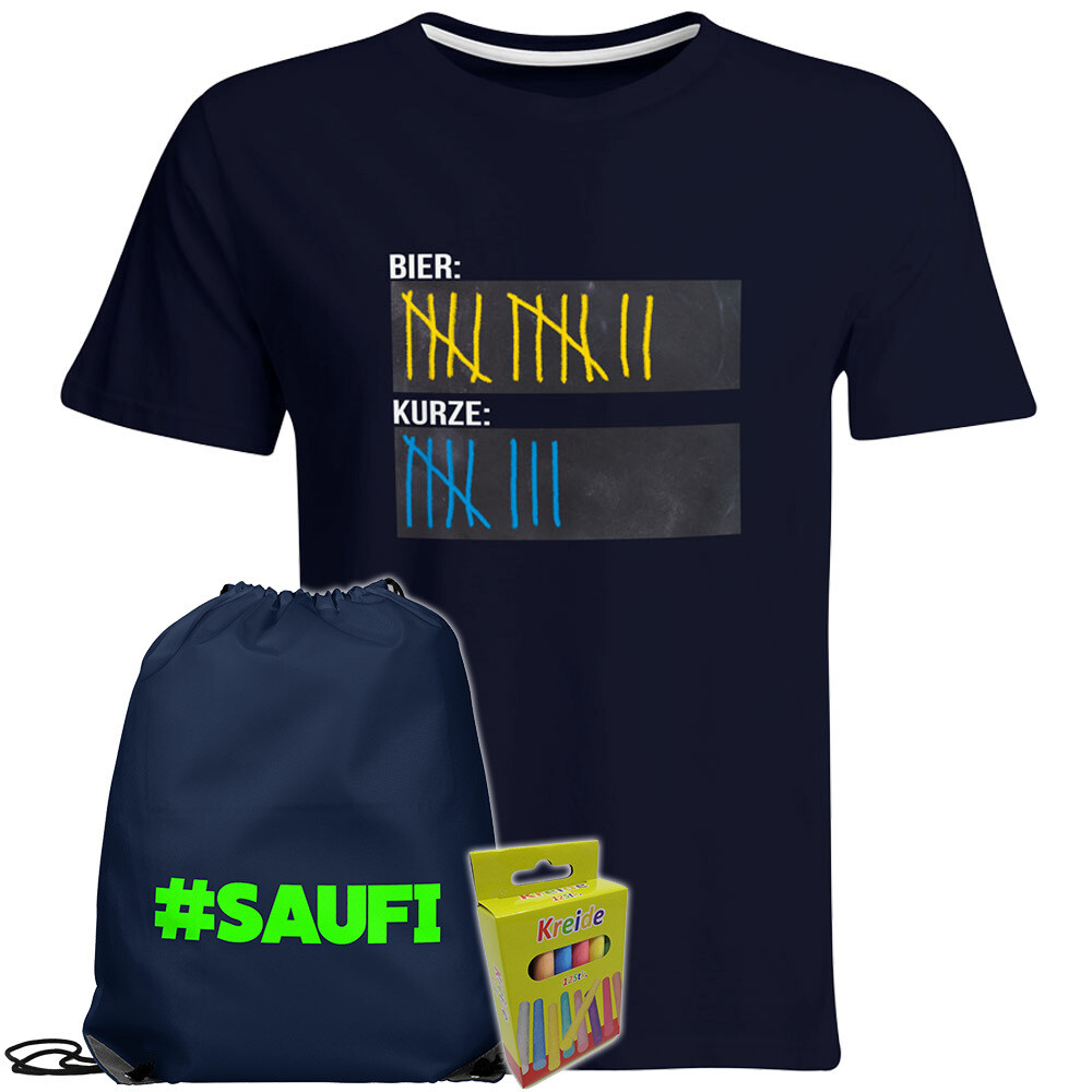 T-Shirt Strichliste Bier & Kurze mit Kreide beschreibbar inkl. Festival Bag und 12er-Pack Kreide (Herren, Rundhals, Navy)