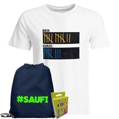 T-Shirt Strichliste Bier & Kurze mit Kreide beschreibbar inkl. Festival Bag und 12er-Pack Kreide (Herren, Rundhals, Weiß) T-Shirt Strichliste Bier & Kurze mit Kreide beschreibbar inkl. Festival Bag und 12er-Pack Kreide (Herren, Rundhals, Weiß)