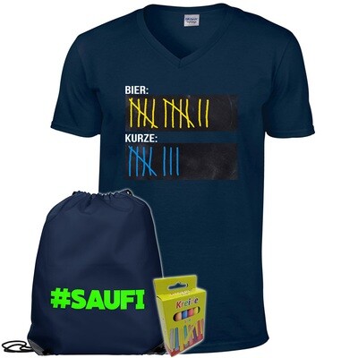 T-Shirt Strichliste Bier & Kurze mit Kreide beschreibbar inkl. Festival Bag und 12er-Pack Kreide (Herren, V-Neck, Navy) T-Shirt Strichliste Bier & Kurze mit Kreide beschreibbar inkl. Festival Bag und 12er-Pack Kreide (Herren, V-Neck, Navy)