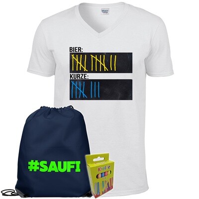 T-Shirt Strichliste Bier & Kurze mit Kreide beschreibbar inkl. Festival Bag und 12er-Pack Kreide (Herren, V-Neck, Weiß) T-Shirt Strichliste Bier & Kurze mit Kreide beschreibbar inkl. Festival Bag und 12er-Pack Kreide (Herren, V-Neck, Weiß)