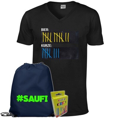 T-Shirt Strichliste Bier & Kurze mit Kreide beschreibbar inkl. Festival Bag und 12er-Pack Kreide (Herren, V-Neck, Schwarz) T-Shirt Strichliste Bier & Kurze mit Kreide beschreibbar inkl. Festival Bag und 12er-Pack Kreide (Herren, V-Neck, Schwarz)