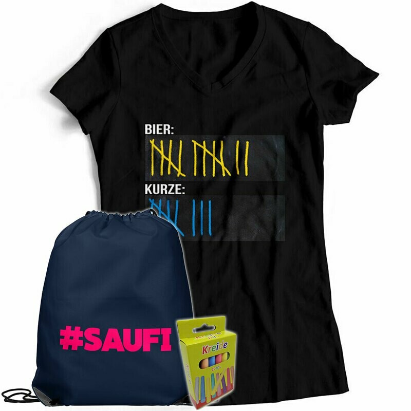 T-Shirt Strichliste Bier & Kurze mit Kreide beschreibbar inkl. Saufi Festival Bag und 12er-Pack Kreide (Damen, V-Neck, Schwarz)