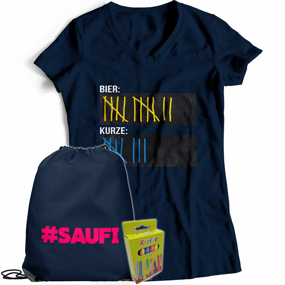 T-Shirt Strichliste Bier & Kurze mit Kreide beschreibbar inkl. Saufi Festival Bag und 12er-Pack Kreide (Damen, V-Neck, Navy)