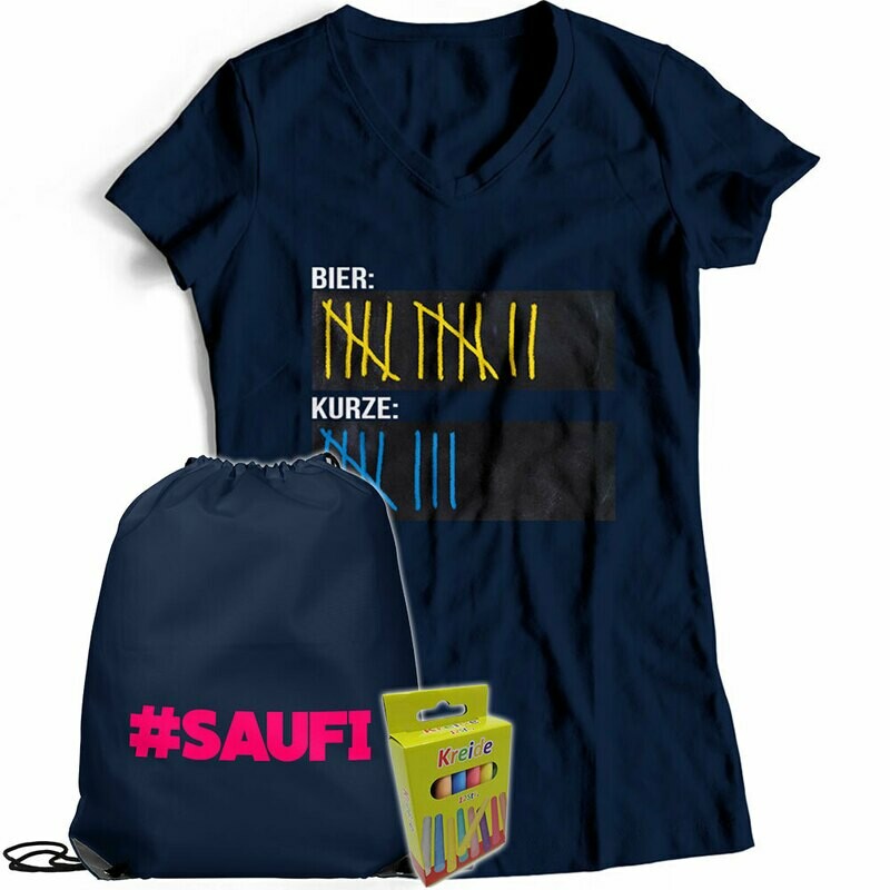 T-Shirt Strichliste Bier & Kurze mit Kreide beschreibbar inkl. Saufi Festival Bag und 12er-Pack Kreide (Damen, V-Neck, Navy)