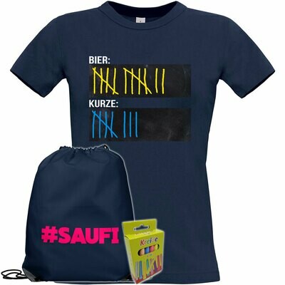 T-Shirt Strichliste Bier & Kurze mit Kreide beschreibbar inkl. Saufi Festival Bag und 12er-Pack Kreide (Damen, Rundhals, Navy) T-Shirt Strichliste Bier & Kurze mit Kreide beschreibbar inkl. Saufi Festival Bag und 12er-Pack Kreide (Damen, Rundhals, Navy)