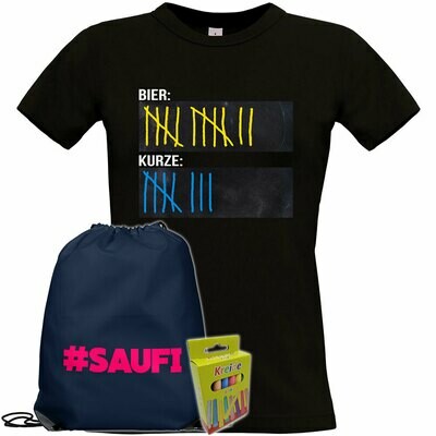 T-Shirt Strichliste Bier & Kurze mit Kreide beschreibbar inkl. Saufi Festival Bag und 12er-Pack Kreide (Damen, Rundhals, Schwarz)