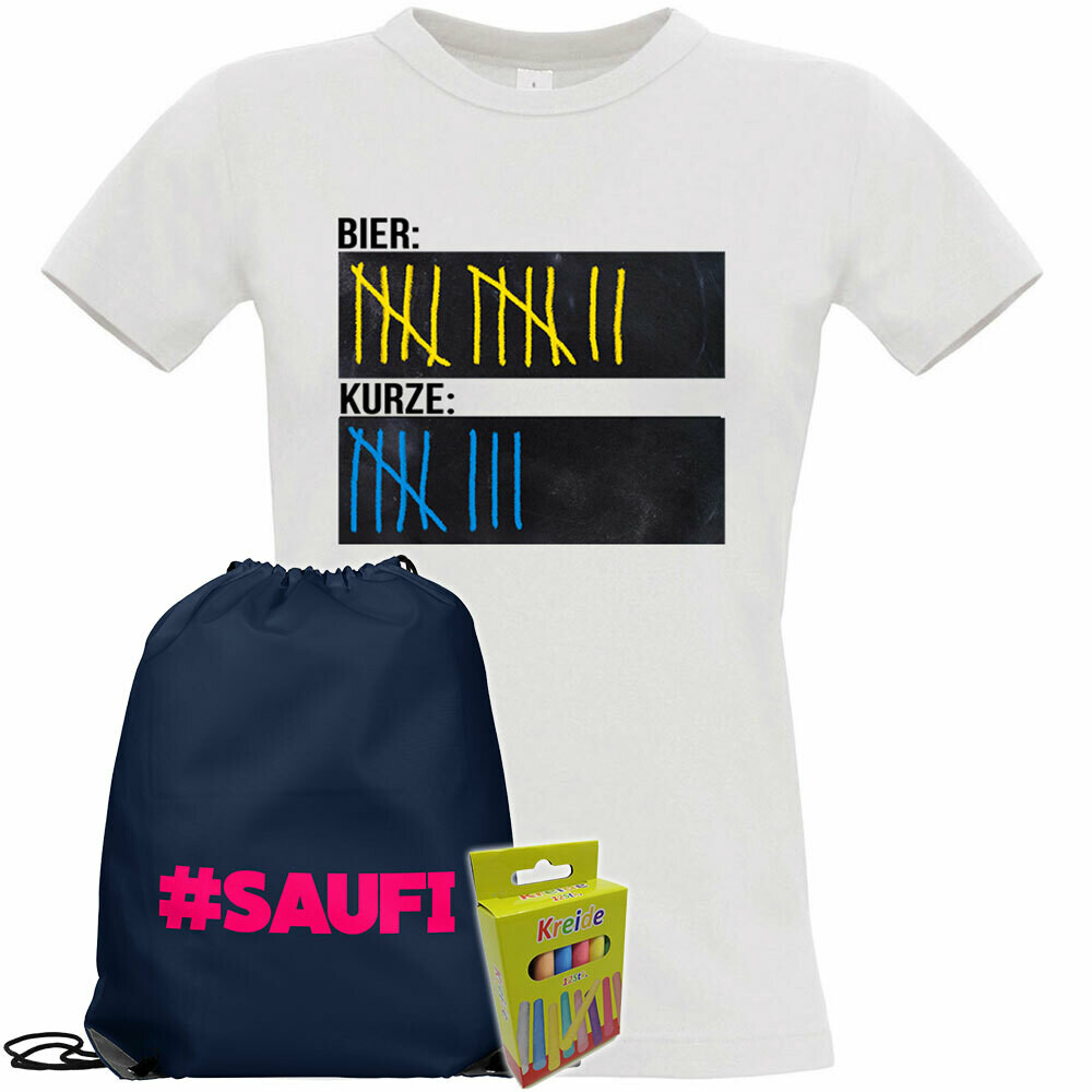 T-Shirt Strichliste Bier & Kurze mit Kreide beschreibbar inkl. Saufi Festival Bag und 12er-Pack Kreide (Damen, Rundhals, Weiß)