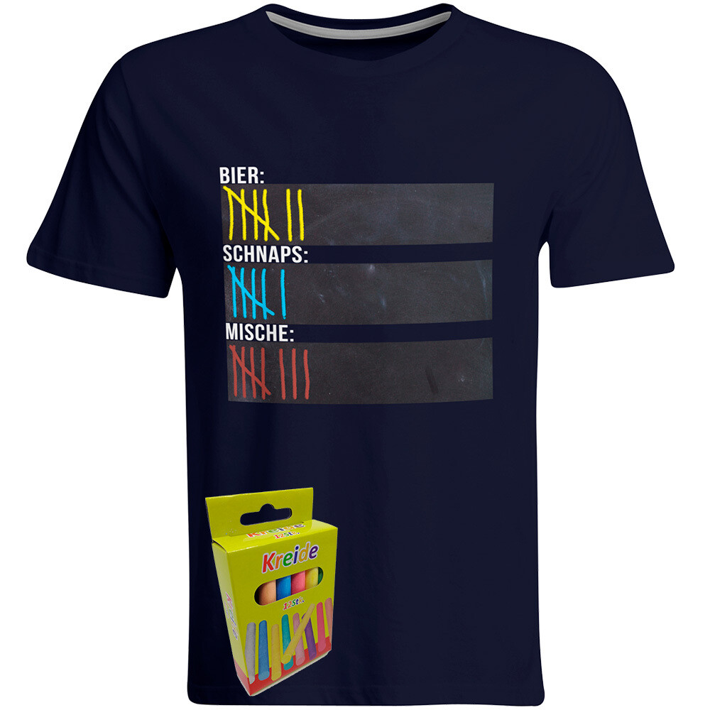 T-Shirt Strichliste Bier, Schnaps & Mische mit Kreide beschreibbar inkl. 12er-Pack Kreide (Herren, Rundhals, Navy)