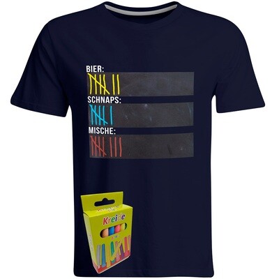 T-Shirt Strichliste Bier, Schnaps & Mische mit Kreide beschreibbar inkl. 12er-Pack Kreide (Herren, Rundhals, Navy) T-Shirt Strichliste Bier, Schnaps & Mische mit Kreide beschreibbar inkl. 12er-Pack Kreide (Herren, Rundhals, Navy)