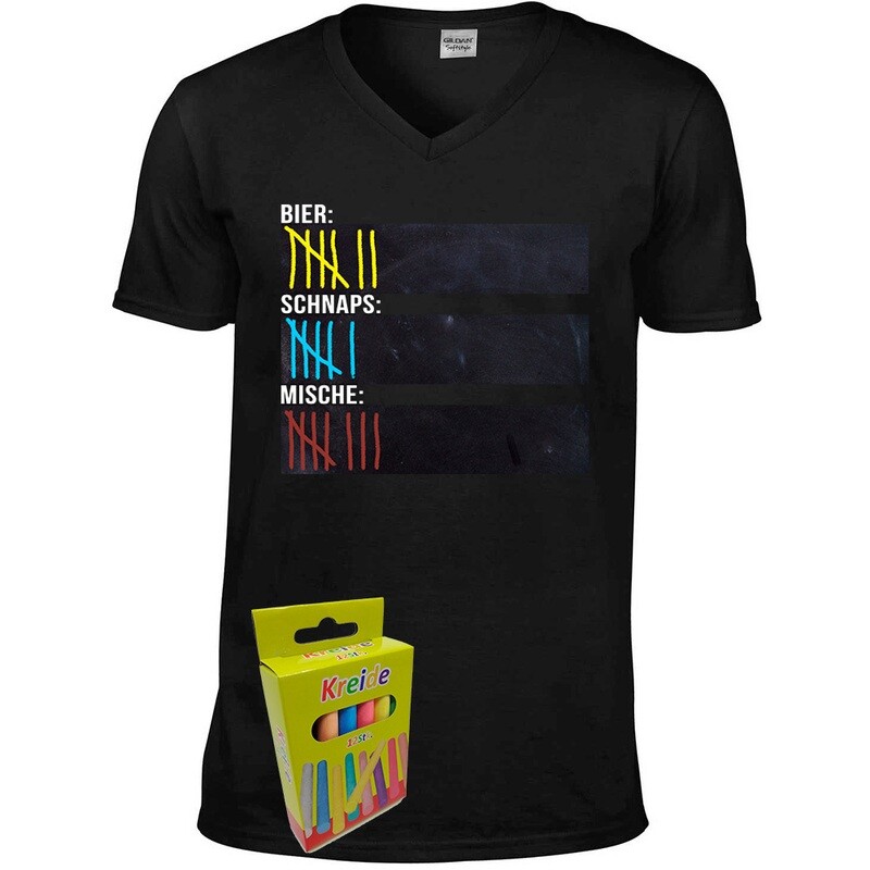 T-Shirt Strichliste Bier, Schnaps & Mische mit Kreide beschreibbar inkl. 12er-Pack Kreide (Herren, V-Neck, Schwarz)