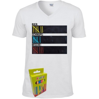 T-Shirt Strichliste Bier, Schnaps & Mische mit Kreide beschreibbar inkl. 12er-Pack Kreide (Herren, V-Neck, Weiß) T-Shirt Strichliste Bier, Schnaps & Mische mit Kreide beschreibbar inkl. 12er-Pack Kreide (Herren, V-Neck, Weiß)