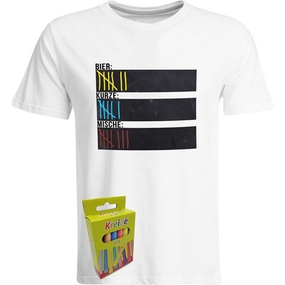 T-Shirt Strichliste Bier, Kurze & Mische mit Kreide beschreibbar inkl. 12er-Pack Kreide (Herren, Rundhals, Weiß)