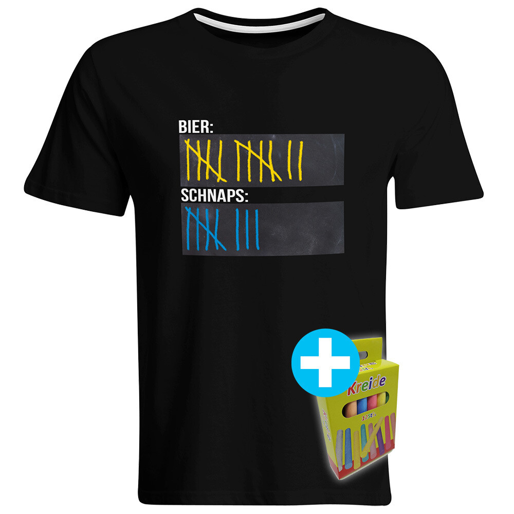 T-Shirt Strichliste Bier & Schnaps mit Kreide beschreibbar inkl. 12er-Pack Kreide (Herren, Rundhals, verschiedene Farben)