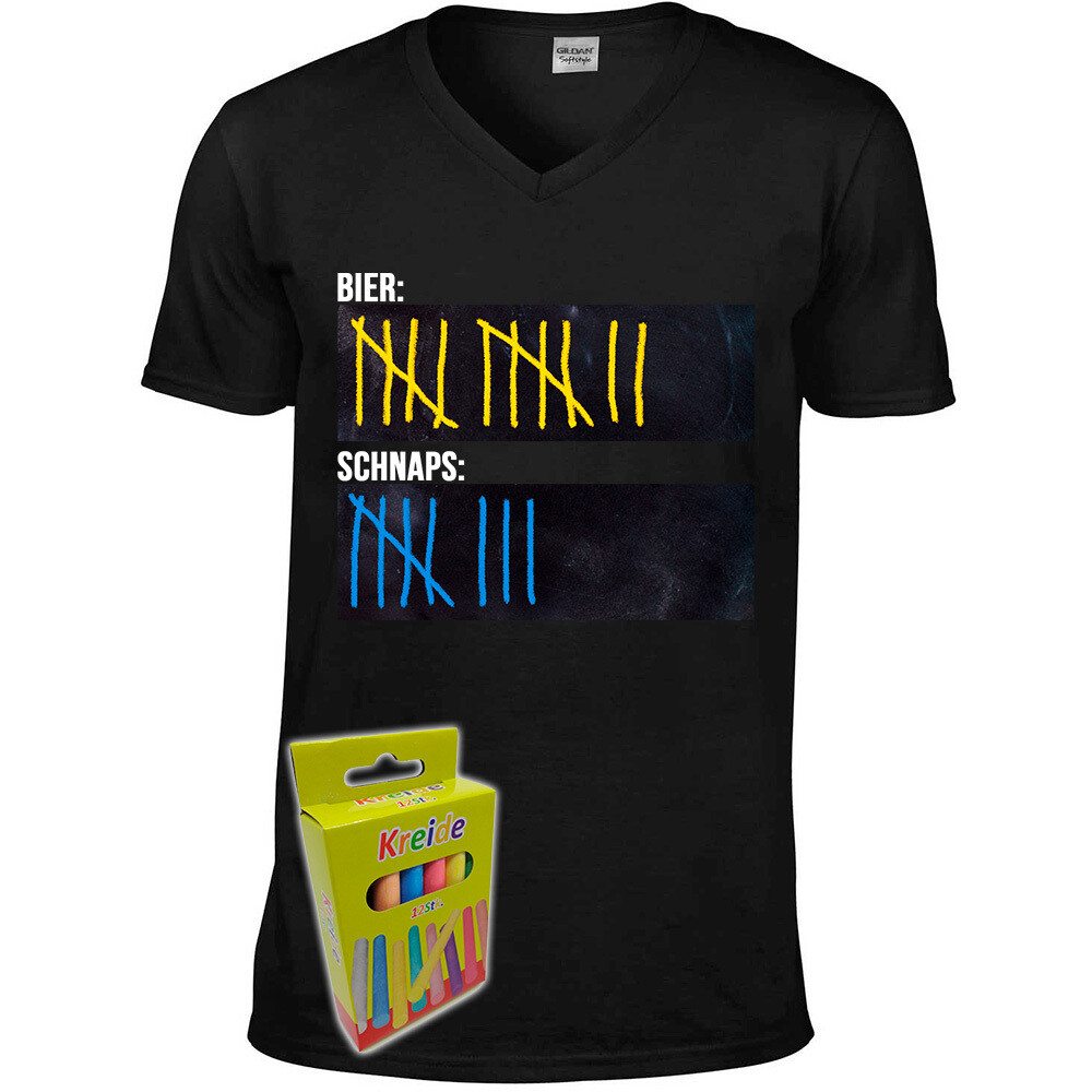 T-Shirt Strichliste Bier & Schnaps mit Kreide beschreibbar inkl. 12er-Pack Kreide (Herren, V-Neck, verschiedene Farben)